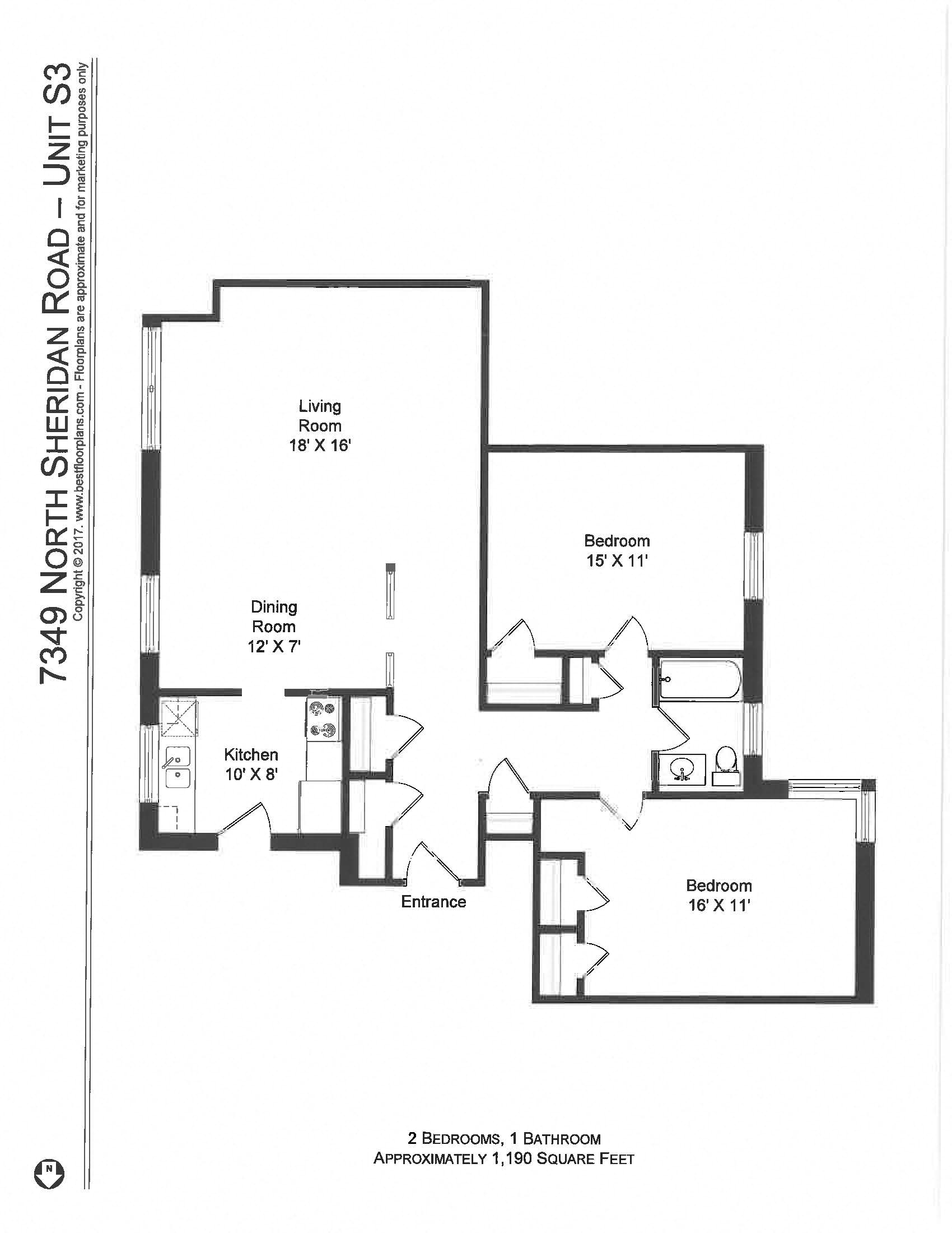 Floor plan for 2 beds, 1 bath, 800 sqft